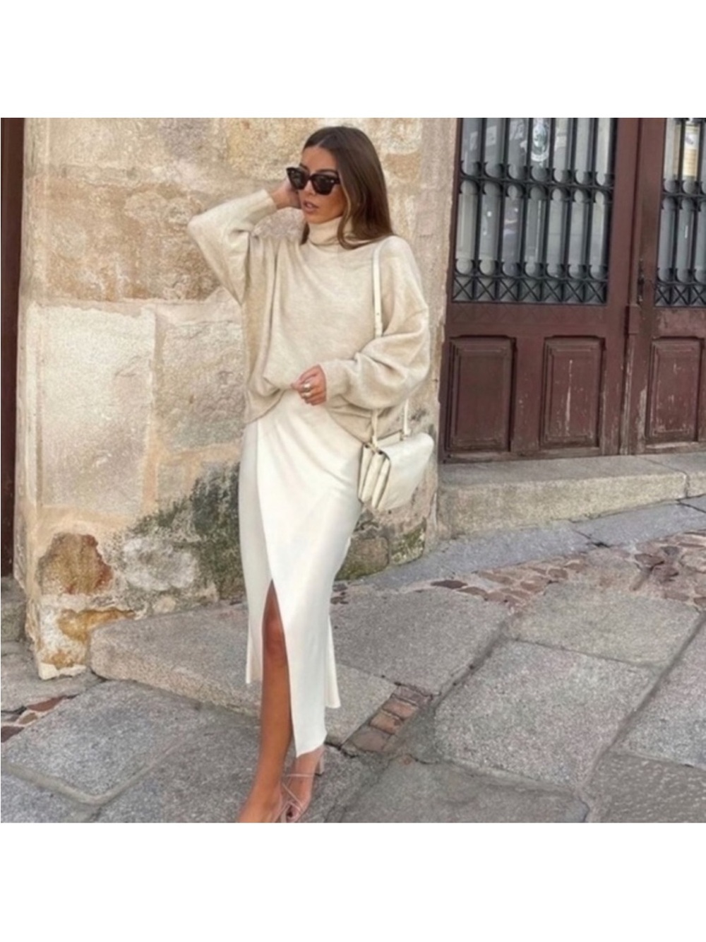 Zara Cream Midi Slip Skirt with Front Slit